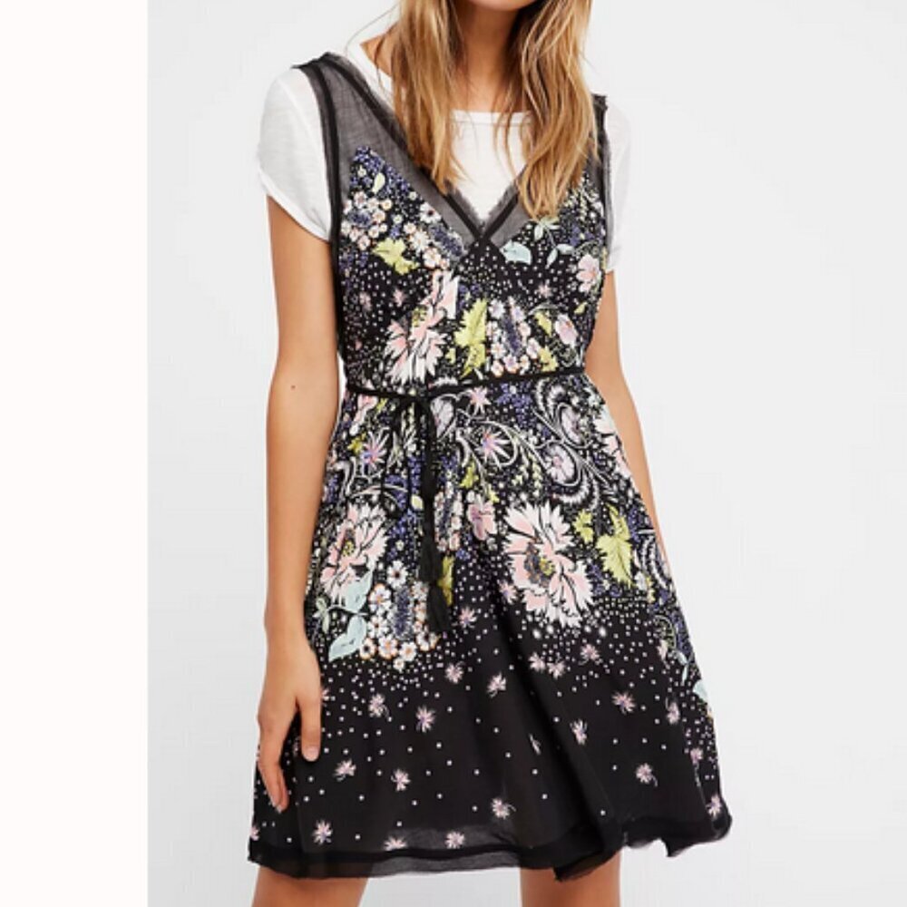 Free People‎ Intimately Longwood Printed Slip Dress Semi-Sheer Double V-neck XS